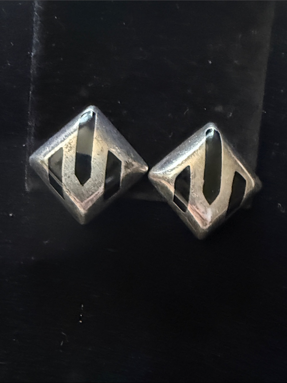 Vintage Taxco Mexico Black Onyx Inlay Striped Sterling 925 Clip On Earrings